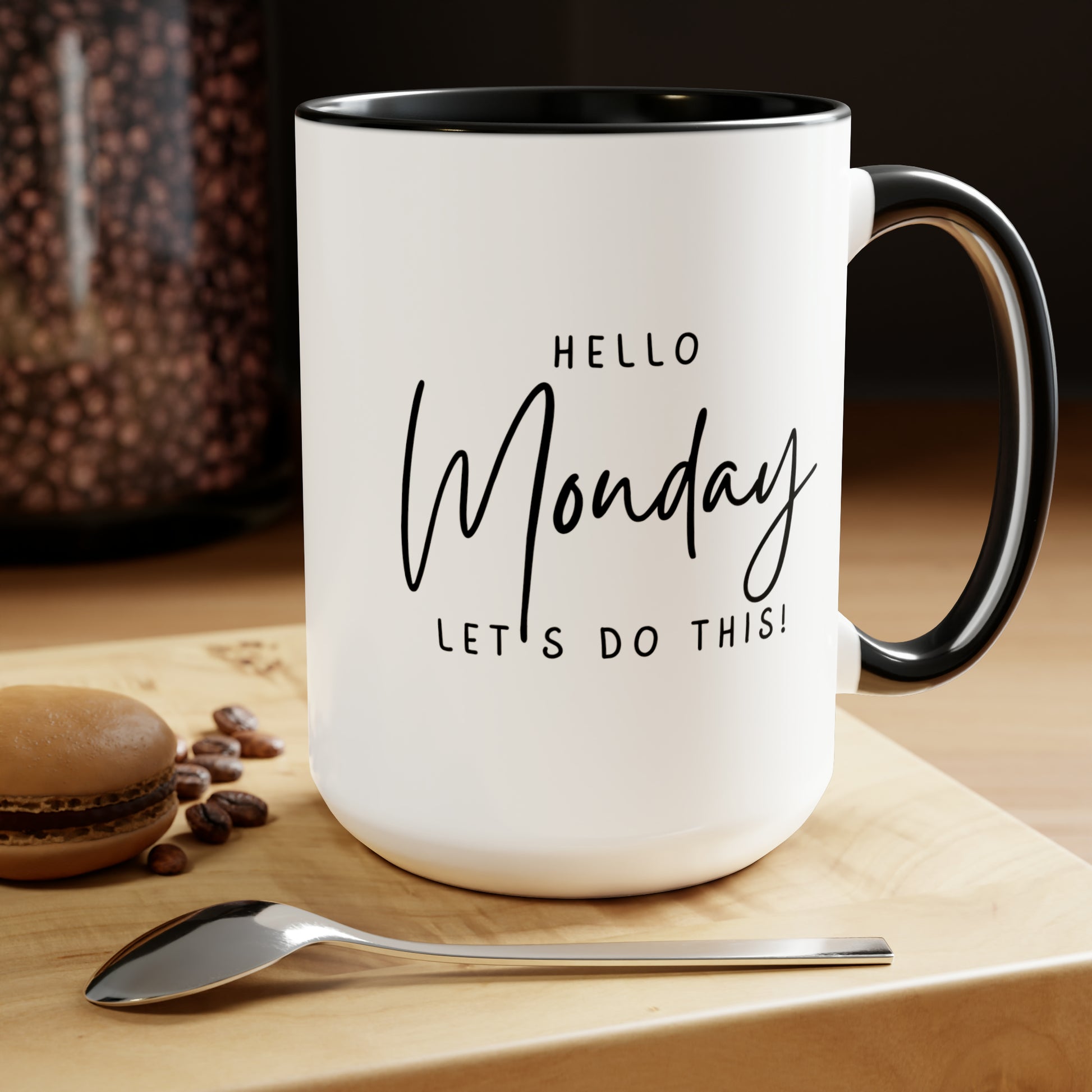 Hello Monday Two-Tone Coffee Mug, 15oz Printify Pikolelie (pee-koh-lay-lee) Activewear Mug