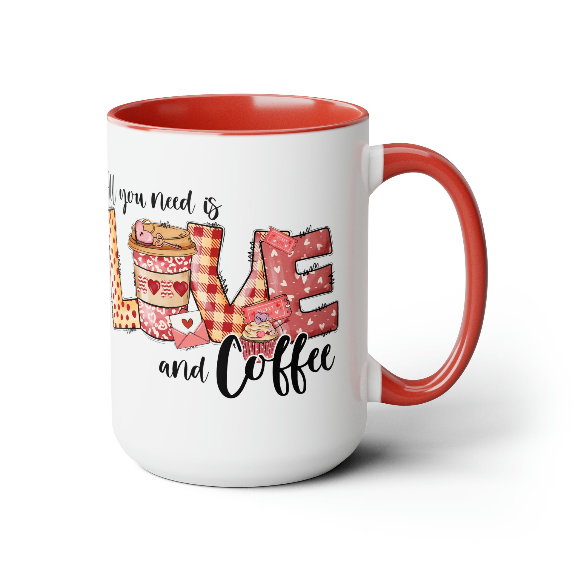 Love and Coffee Two-Tone Coffee Mug, 15oz Printify Pikolelie (pee-koh-lay-lee) Activewear Mug