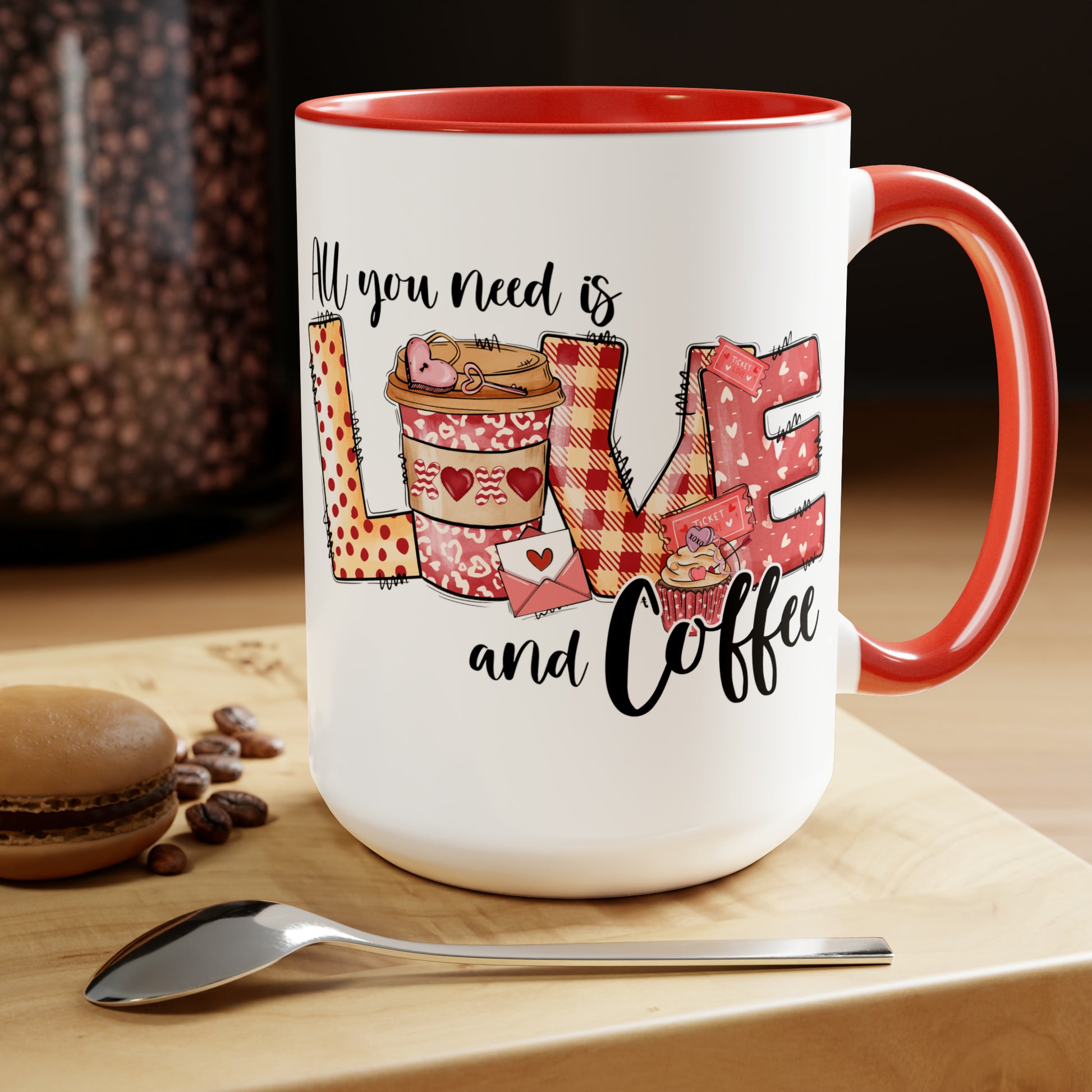 Love and Coffee Two-Tone Coffee Mug, 15oz Printify Pikolelie (pee-koh-lay-lee) Activewear Mug